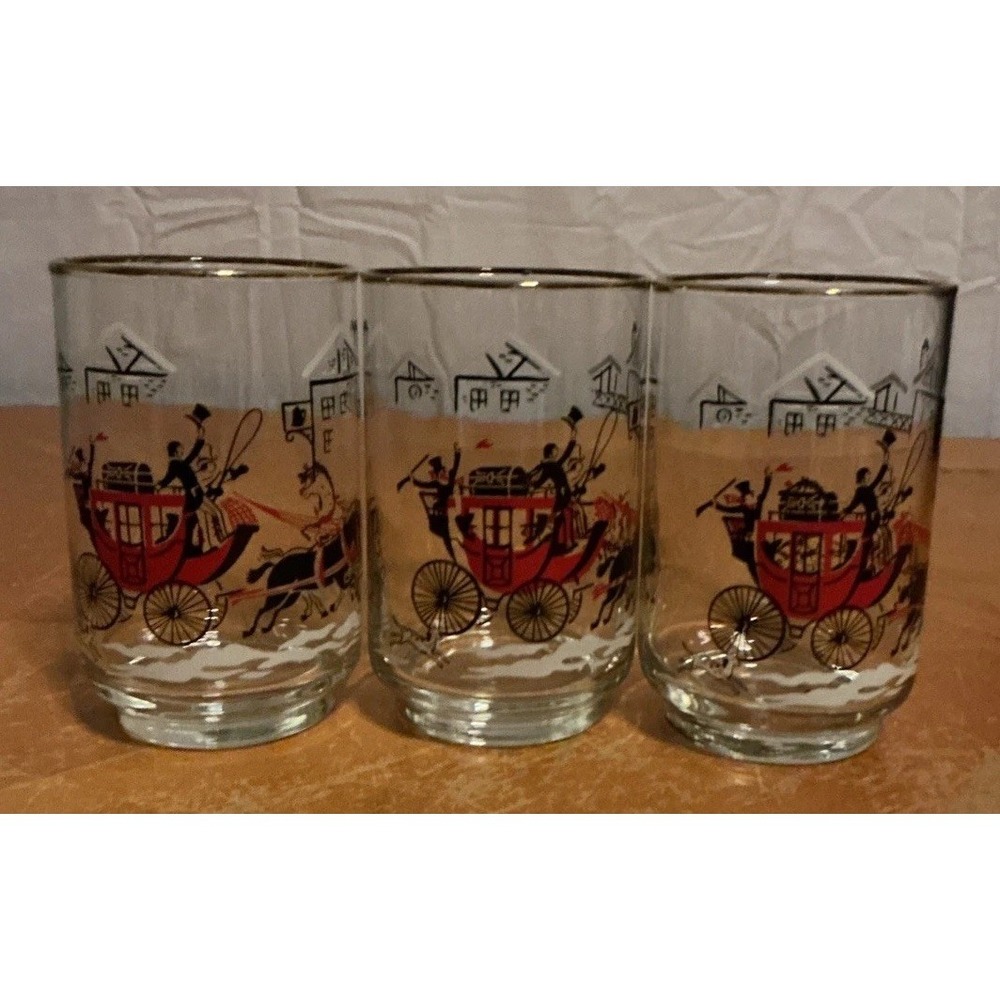 Vintage 1950s Libbey Stage Coach Horse Gold Trimmed Glass 4.5" Tall Set Of 3